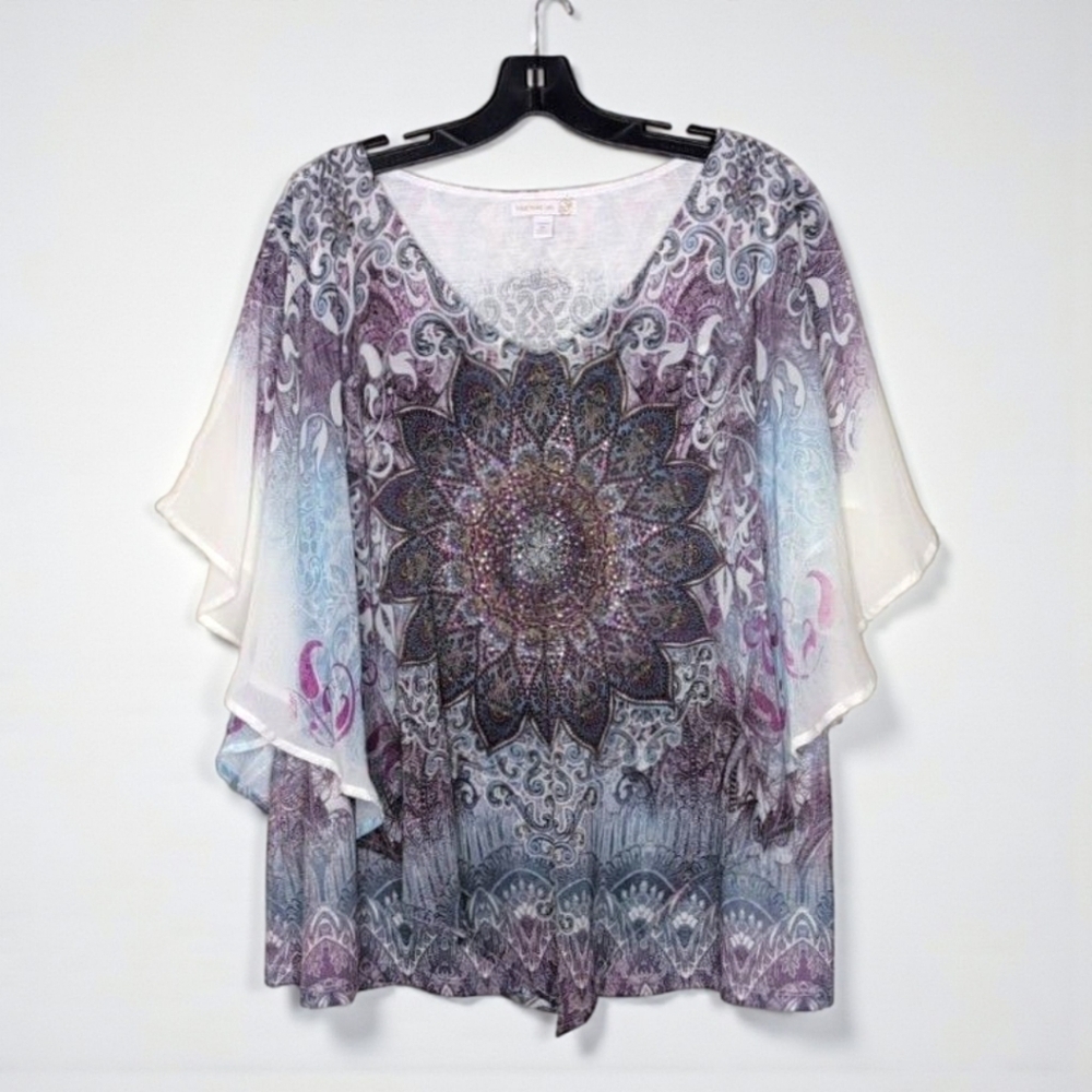 Westport 1962 2X Embellished Boho Overlay Attached Tank Top White Purple Floral